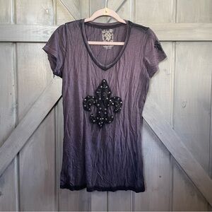 Velvet stone black and purple burnout tea Fleur de Lis bling rhinestone T-shirt‎